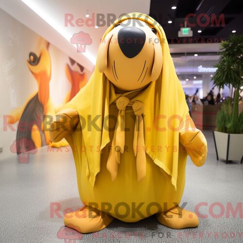 Costume De Mascotte Redbrokoly De Morse Jaune Personnage Habillé D Un Imperméable Et D Épingles À Châle