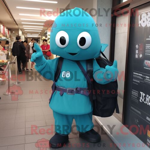 Costume De Mascotte Redbrokoly De Soupe Miso Bleu Sarcelle Habillé Avec Une Combinaison Et Des Sacs À Dos