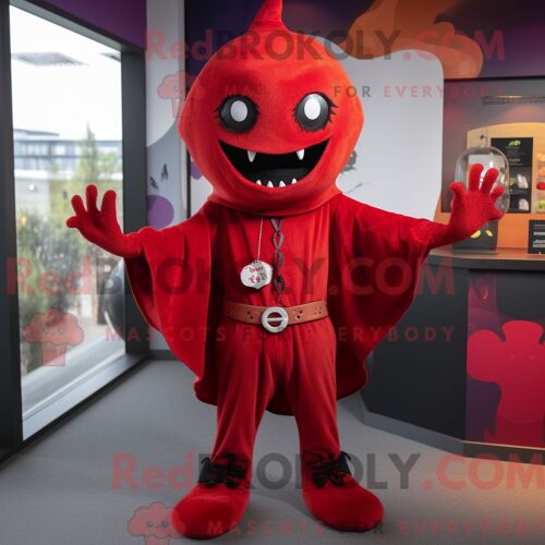 Costume De Mascotte Redbrokoly De Vampire Rouge Habillé D Une Combishort Et De Bonnets