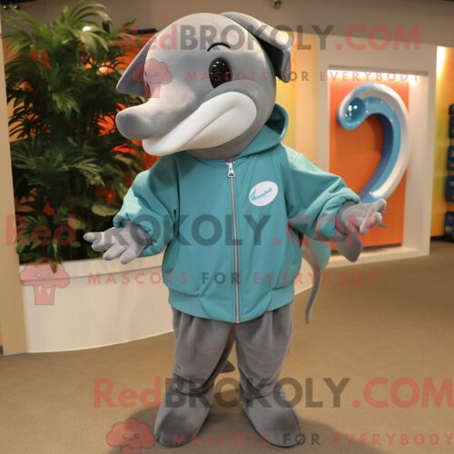 Costume Mascotte Redbrokoly De Dauphin Gris Habillé D Un Manteau Et De Boucles D Oreilles