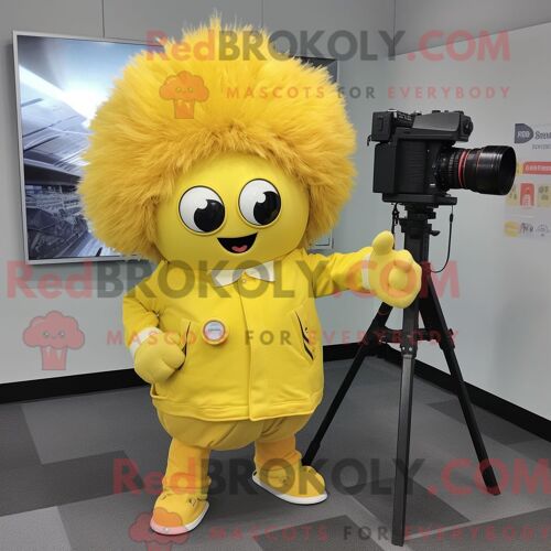 Costume Mascotte Redbrokoly D Appareil Photo Jaune Personnage Habillé D Une Veste Et De Pinces À Cheveux