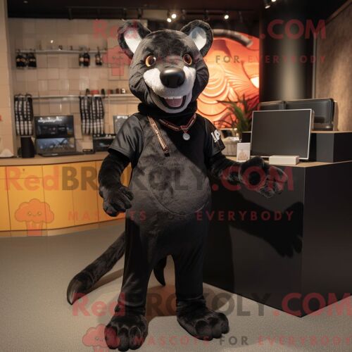 Costume Mascotte Redbrokoly De Thylacosmilus Noir Personnage Habillé Avec Une Jupe-Culotte Et Des Bandeaux