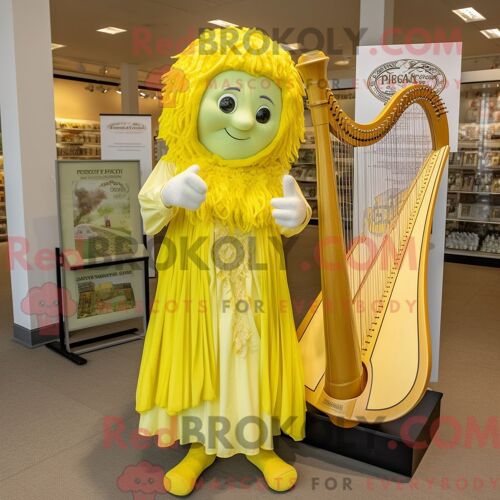 Costume De Mascotte Redbrokoly De Harpe Celtique Jaune Citron Habillé Avec Une Barboteuse Et Des Porte-Clés