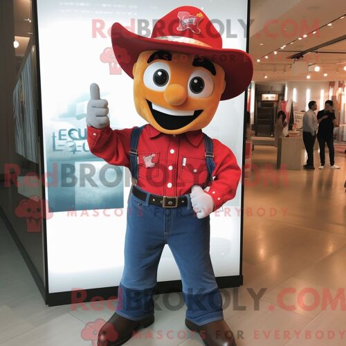 Personnage De Costume De Mascotte Redbrokoly De Pompier Rouge Habillé Avec Un Jean Boyfriend Et Des Noeuds Papillons