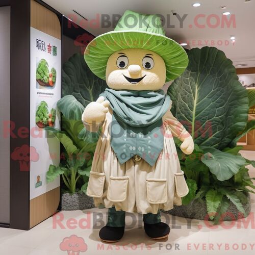 Personnage De Costume De Mascotte Redbrokoly De Feuille De Chou Habillé Avec Des Épingles De Gilet Et De Chapeau