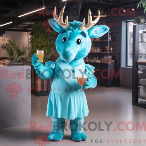 Costume De Mascotte Redbrokoly D Élan Irlandais Bleu Ciel Habillé D Une Robe De Cocktail Et De Ceintures De Smoking