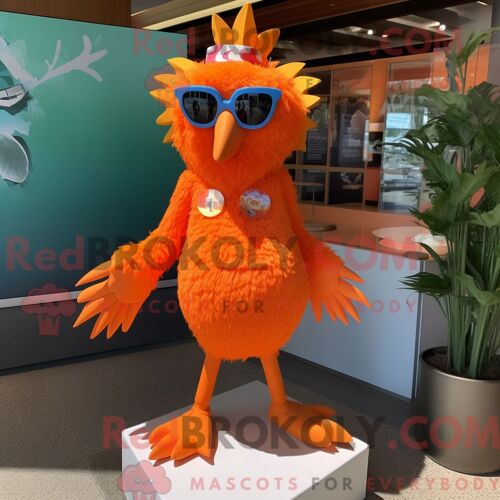 Mascotte Redbrokoly De Harpie Orange Costume De Personnage Habillé Avec Un Maillot De Bain Une Pièce Et Des Lunettes De Soleil