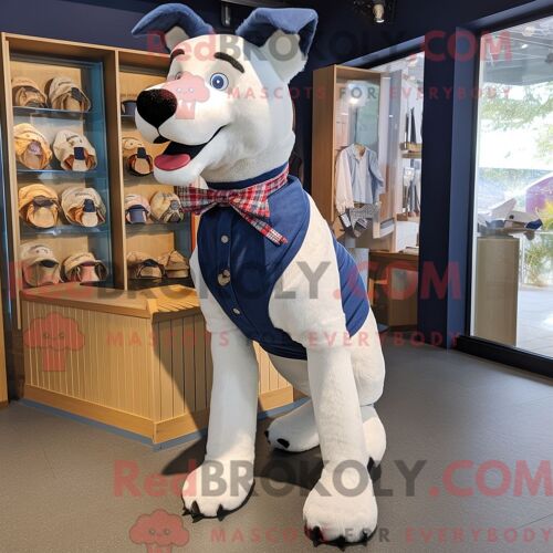 Costume De Mascotte Redbrokoly De Chien Bleu Marine Personnage Habillé Avec Un Jean Boyfriend Et Des Noeuds Papillons