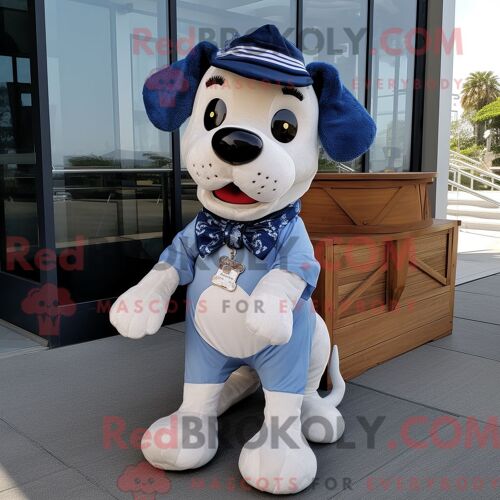 Costume De Mascotte Redbrokoly De Chien Bleu Marine Personnage Habillé Avec Un Jean Boyfriend Et Des Noeuds Papillons