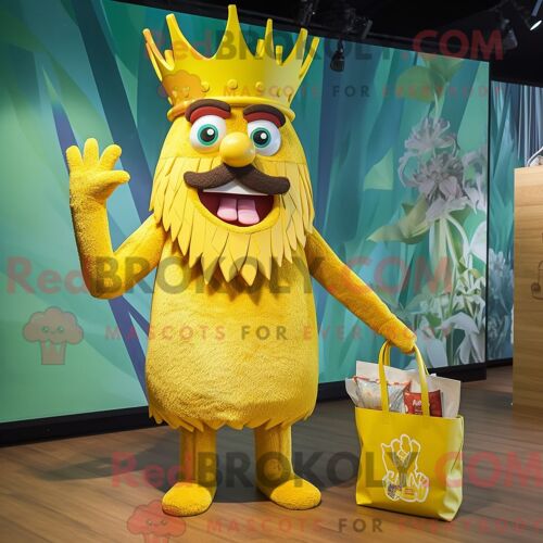 Personnage De Costume De Mascotte Redbrokoly De Roi Jaune Habillé Avec Un Bikini Et Des Sacs Fourre-Tout