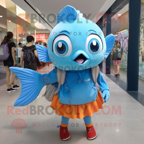 Personnage De Costume De Mascotte Redbrokoly De Poisson Rouge Bleu Ciel Habillé D'une Robe Droite Et De Sacs À Dos