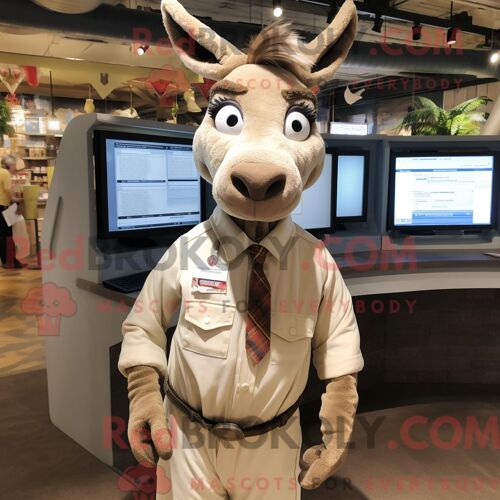 Costume Mascotte Redbrokoly D Âne Beige Habillé D Une Chemise Boutonnée Et De Bretelles