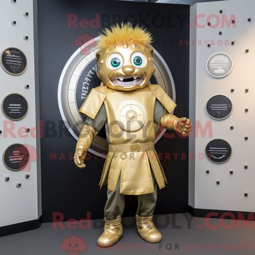 Personnage De Costume De Mascotte Redbrokoly De Bouclier Celtique Doré Habillé D Une Veste Et De Boutons De Manchette