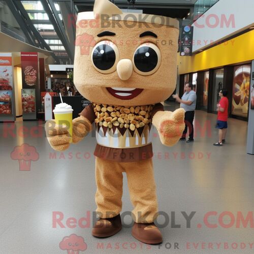 Mascotte Redbrokoly De Personnage Pop Corn Marron Habillé Avec Un Short Et Des Bracelets