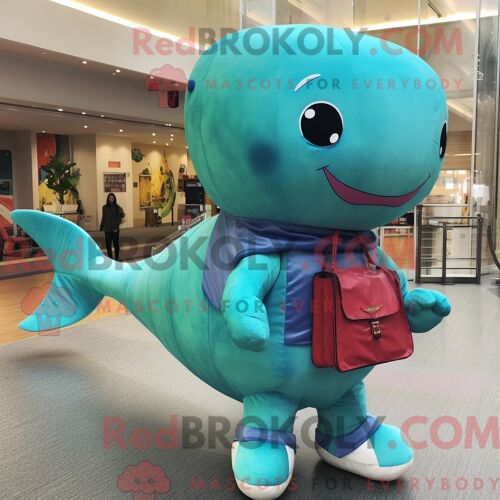 Costume De Mascotte Redbrokoly De Baleine Bleue Turquoise Habillé D Un Pantalon Cargo Et D Un Porte-Monnaie