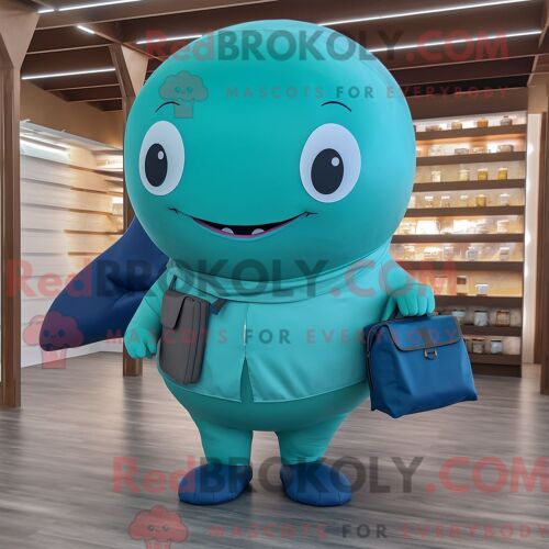 Costume De Mascotte Redbrokoly De Baleine Bleue Turquoise Habillé D Un Pantalon Cargo Et D Un Porte-Monnaie