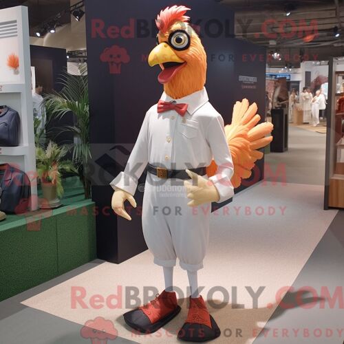 Personnage De Costume De Mascotte Redbrokoly De Coq De Pêche Habillé Avec Une Chemise Habillée Et Des Coussinets De Pied