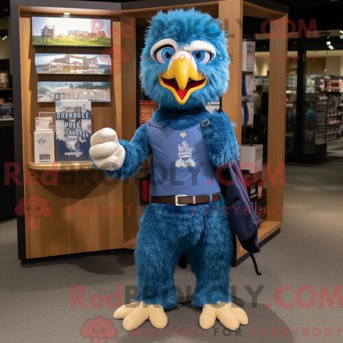 Costume De Mascotte Redbrokoly D Aigle Bleu Habillé D Une Chemise Henley Et De Sacs Messenger