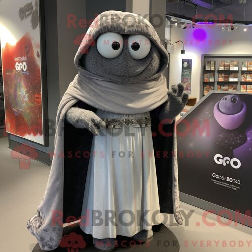 Costume Mascotte Redbrokoly De Gyro Gris Personnage Habillé Avec Une Robe Midi Et Des Épingles À Châle