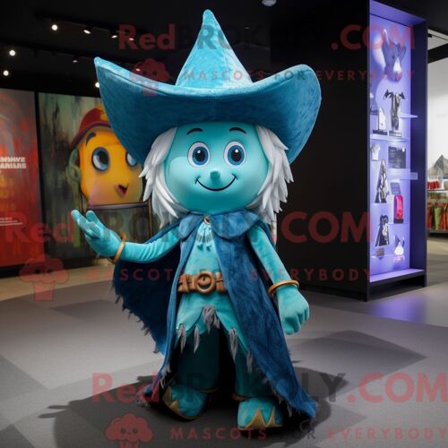 Personnage De Costume De Mascotte Redbrokoly De Chapeau De Sorcière Cyan Habillé D Un Jean Bootcut Et De Colliers