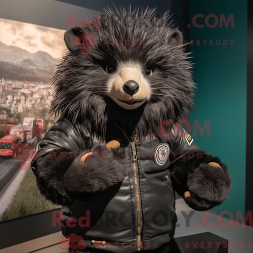 Costume Mascotte Redbrokoly De Porc-Épic Noir Personnage Habillé Avec Un Blouson Aviateur Et Des Mitaines