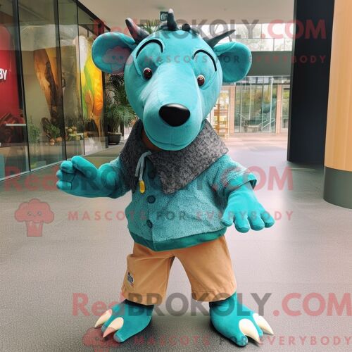 Costume De Mascotte Redbrokoly De Tapir Bleu Sarcelle Habillé D Un Pantalon Et De Bracelets De Cheville En Velours Côtelé