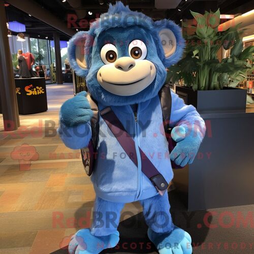 Costume Mascotte Redbrokoly De Singe Bleu Habillé D Un Sweat Et De Portefeuilles