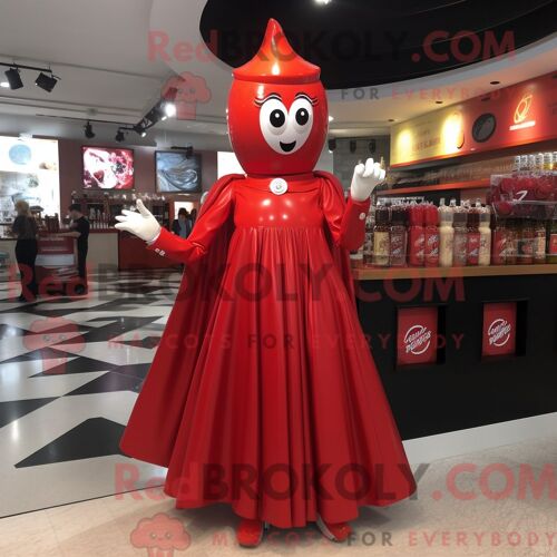 Costume De Mascotte Redbrokoly De Canette De Soda Rouge Personnage Habillé Avec Une Robe Taille Empire Et Des Broches