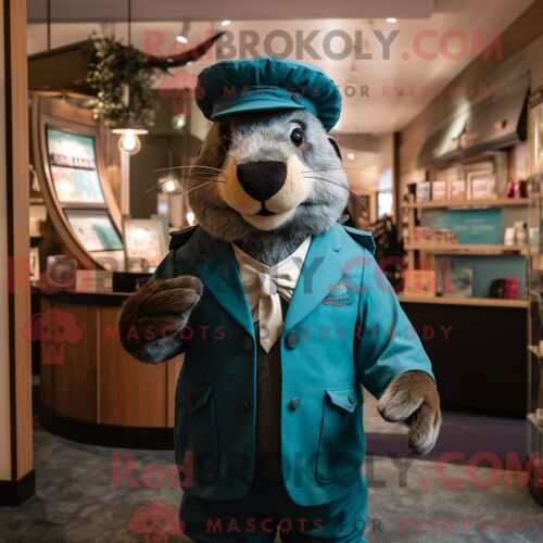 Costume De Mascotte Redbrokoly De Castor Bleu Sarcelle Habillé Avec Un Gilet Et Des Chapeaux