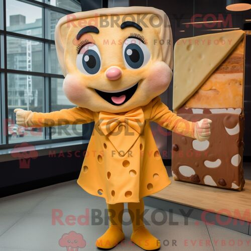 Personnage De Costume De Mascotte Redbrokoly De Sandwich Au Fromage Grillé Doré Habillé Avec Une Jupe Et Des Noeuds Papillons
