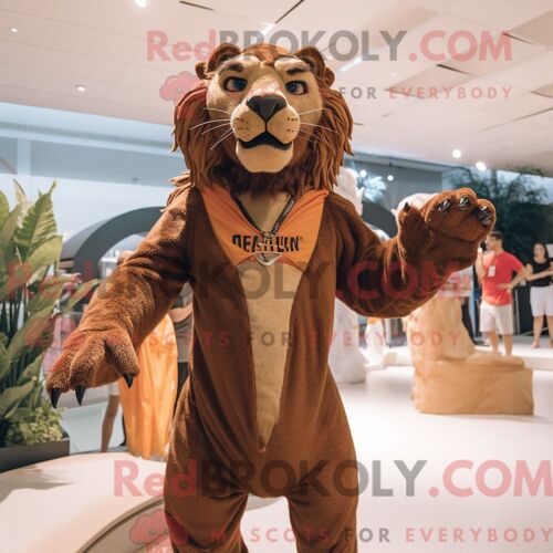 Costume Mascotte Redbrokoly De Smilodon Marron Personnage Habillé Avec Un Maillot De Bain Et Des Bagues