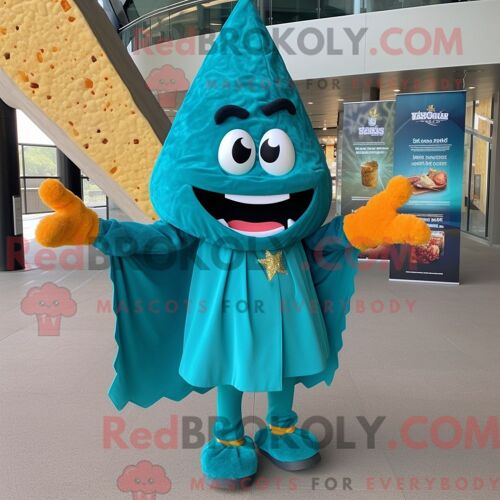 Costume De Mascotte Redbrokoly De Nachos Bleu Sarcelle Habillé D Une Robe Fourreau Et De Pinces À Chaussures