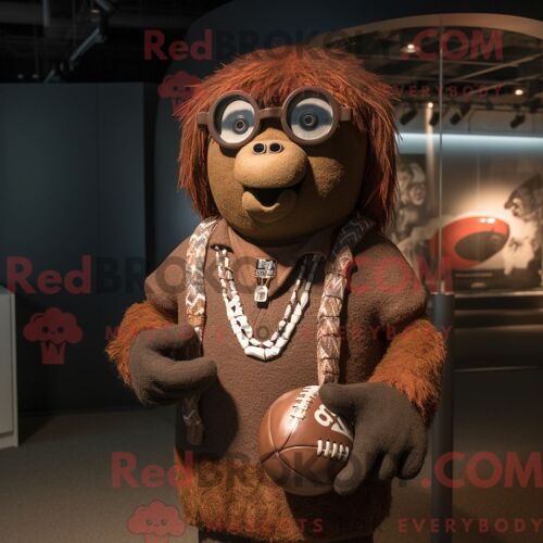 Mascotte Redbrokoly De Casque De Football Américain Marron Personnage Habillé Avec Un Cardigan Et Des Colliers