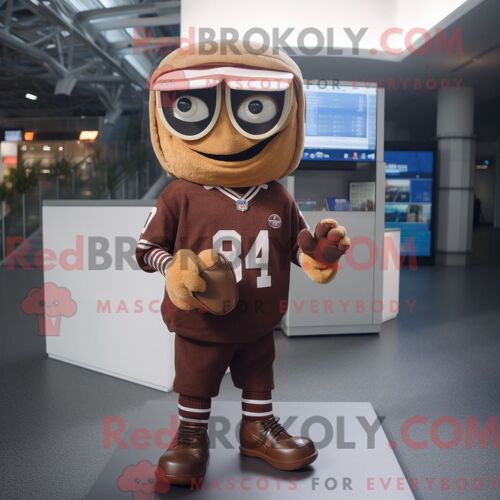 Mascotte Redbrokoly De Casque De Football Américain Marron Personnage Habillé Avec Un Cardigan Et Des Colliers