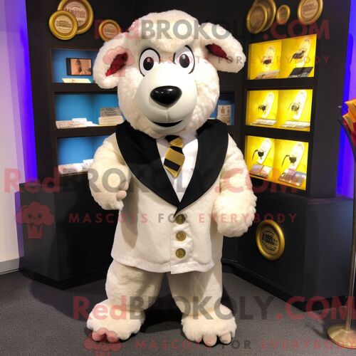 Costume De Mascotte Redbrokoly De Mouton Blanc Du Suffolk Habillé D Une Veste De Costume Et D Un Porte-Monnaie