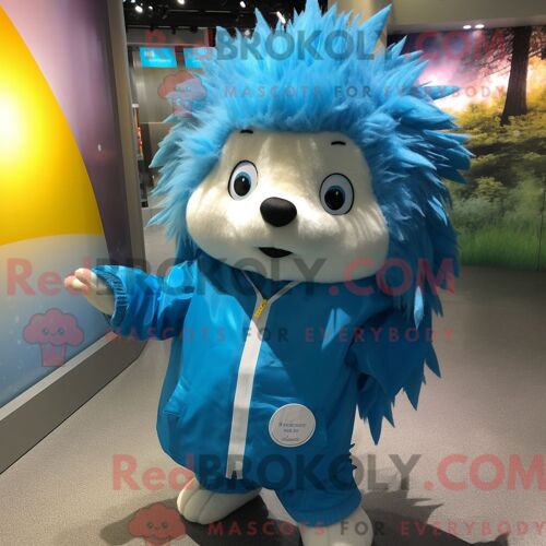 Costume Mascotte Redbrokoly De Hérisson Bleu Habillé D Un Imperméable Et De Pinces À Cheveux
