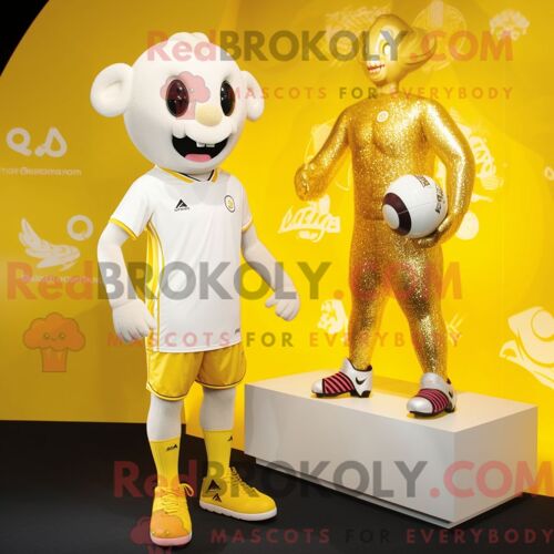 Costume Mascotte Redbrokoly De Bélier Doré Habillé D Un Maillot De Bain Une Pièce Et De Cravates