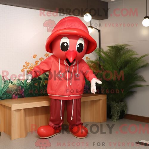 Costume Mascotte Redbrokoly De Poulpe Rouge Habillé D Un Coupe-Vent Et De Casquettes