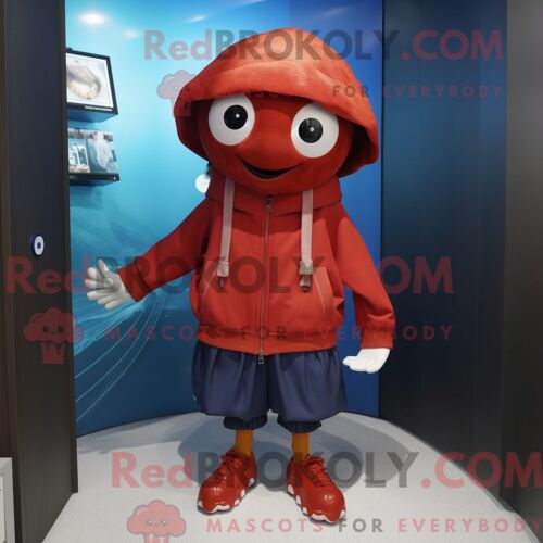 Costume Mascotte Redbrokoly De Poulpe Rouge Habillé D Un Coupe-Vent Et De Casquettes
