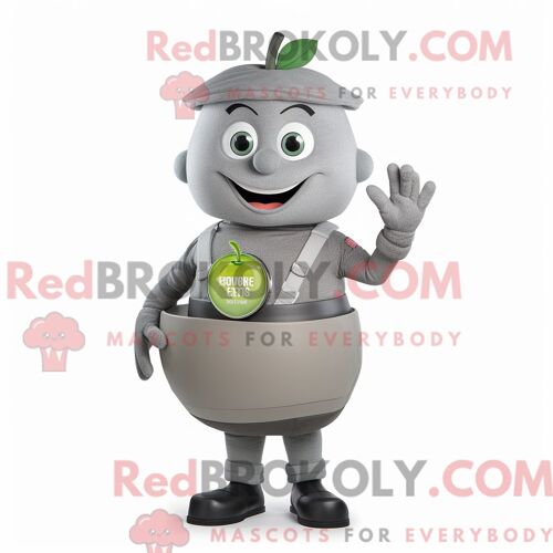 Costume Mascotte Redbrokoly De Pomme Grise Habillé D Un Gilet Et D Anneaux
