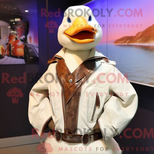 Costume De Mascotte Redbrokoly D Oies Habillé Avec Une Veste De Moto Et Des Épingles De Châle