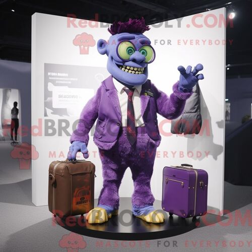 Costume De Mascotte Redbrokoly De Monstre De Frankenstein Violet Habillé D Un Blazer Et De Sacs Messager