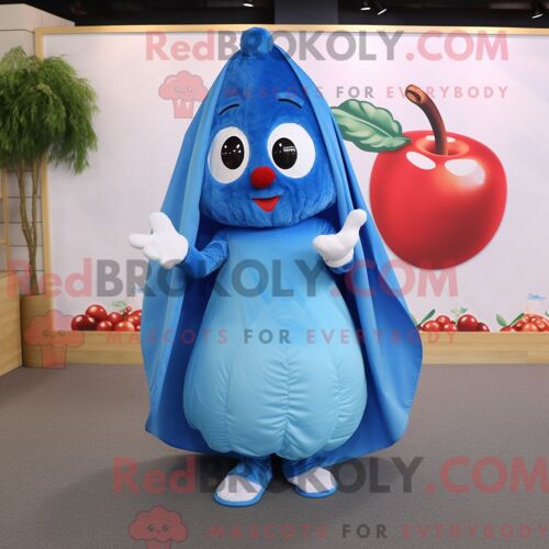 Personnage De Costume De Mascotte Redbrokoly De Cerise Bleue Habillé Avec Un T-Shirt À Col En V Et Des Châles