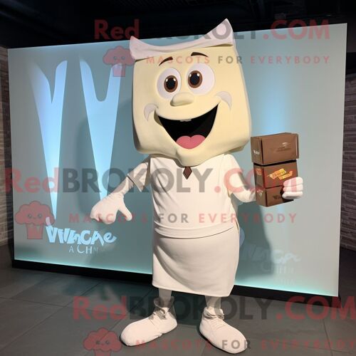 Personnage De Costume De Mascotte Redbrokoly De Barre De Chocolat Blanc Habillé Avec Un T-Shirt À Col En V Et Des Portefeuilles