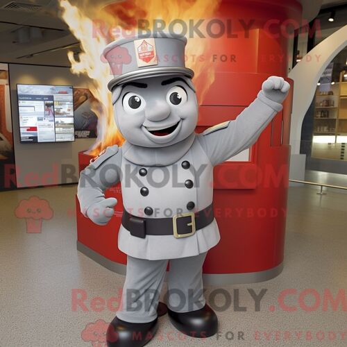 Costume De Mascotte Redbrokoly De Pompier Gris Habillé Avec Une Jupe Crayon Et Des Casquettes