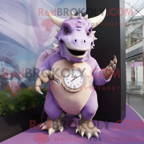 Costume De Mascotte Redbrokoly De Triceratops Lavande Personnage Habillé D Une Robe Taille Empire Et De Montres Numériques