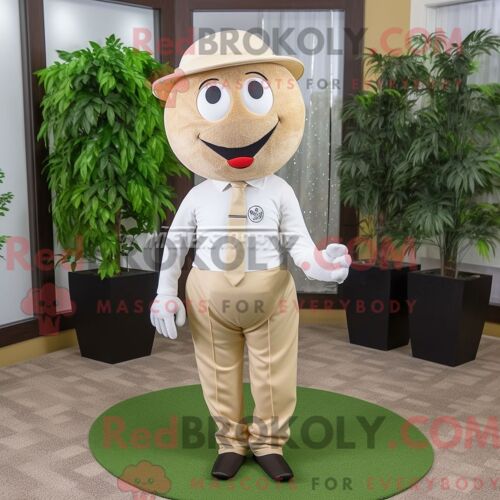 Mascotte Redbrokoly De Balle De Golf Beige Personnage Habillé Avec Un Pantalon Habillé Et Des Épingles À Cravate