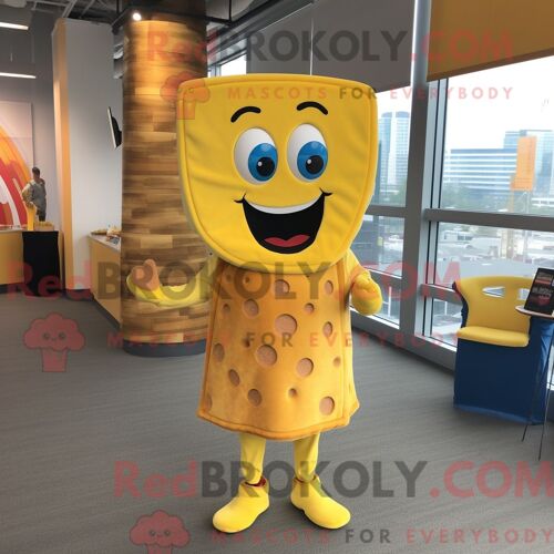 Personnage De Costume De Mascotte Redbrokoly De Sandwich Au Fromage Grillé Jaune Habillé Avec Une Robe Portefeuille Et Des Cravates