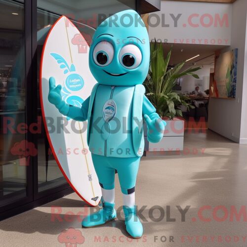 Personnage De Costume De Mascotte Redbrokoly De Planche De Surf Cyan Habillé Avec Un Pantalon Habillé Et Des Montres Intelligentes