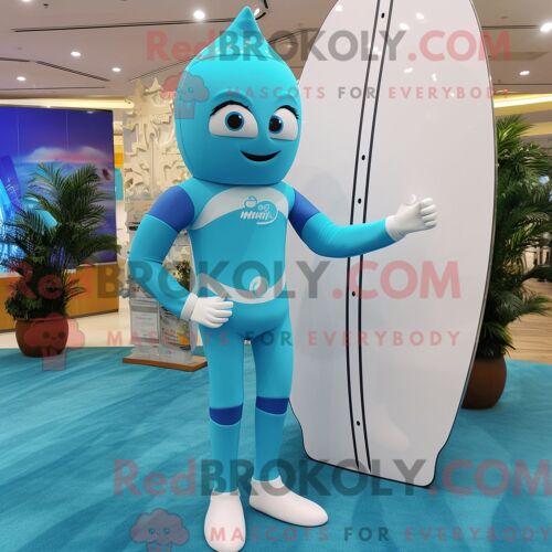 Personnage De Costume De Mascotte Redbrokoly De Planche De Surf Cyan Habillé Avec Un Pantalon Habillé Et Des Montres Intelligentes